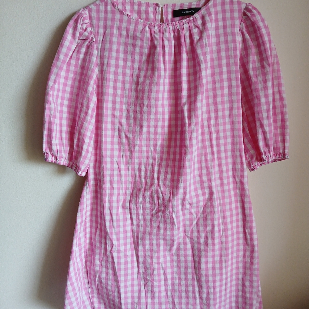 Fashion- Pink Gingham Elbow Sleeves with Wrap  Waist Front/Side Tie Dress - Picture 11 of 11